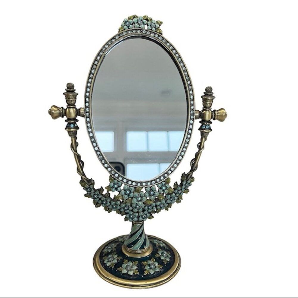 Vintage Brass Oval Vanity Makeup Desk Mirror, Enameled Metal Jeweled Tabletop - Picture 14 of 14